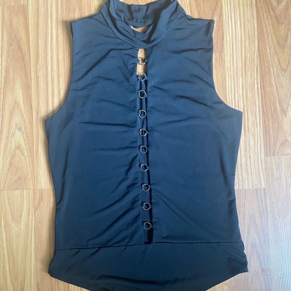 iris Black High Neck Body Suit with Open Front and Gold Rings